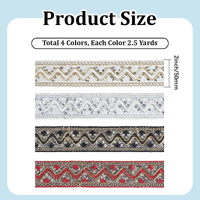 4 Colors Polyester Embroidery Lace Ribbon with Paillette OCOR-CY0004-54-1