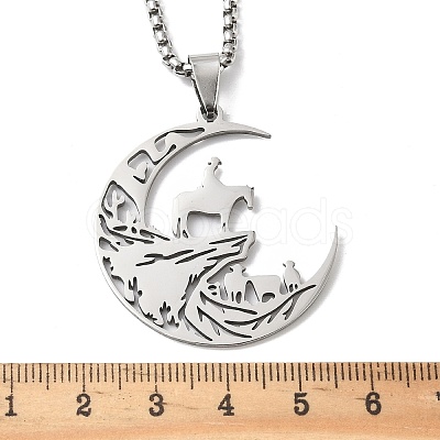 201 Stainless Steel Hollow Cut Cowboy Moon Pendant Necklaces NJEW-H065-26P-1