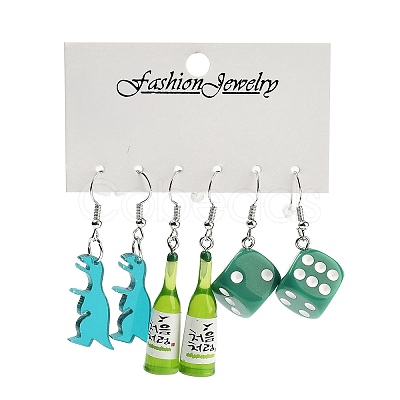 3 Styles Summer Dinosaur & Bottle & Dice Acrylic Dangle Earring Sets for Women EJEW-F336-01B-1