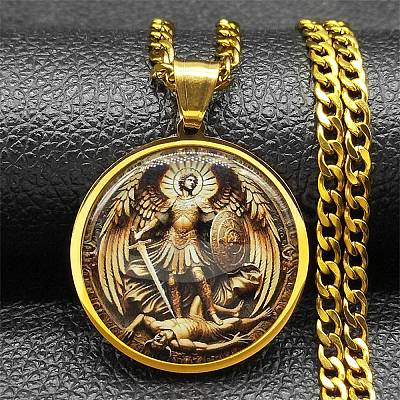201 Stainless Steel Glass Flat Round with Archangel Michael Pendant Necklaces for Women NJEW-M105-09G-1