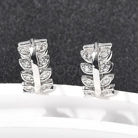Brass Micro Pave Clear Cubic Zirconia Leaf Hoop Earrings EJEW-P322-15P-1