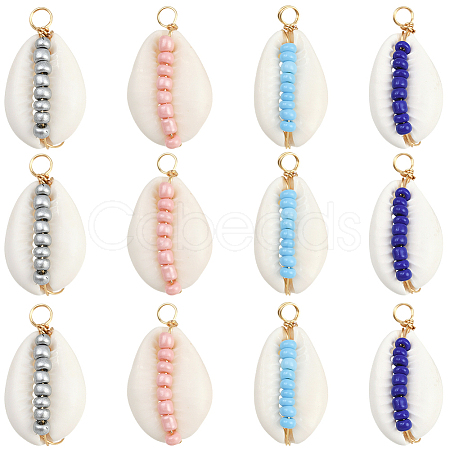 24Pcs 4 Colors Natural Cowrie Shell & Glass Seed Beads Copper Wire Wrapped Pendants FIND-SC0019-11-1
