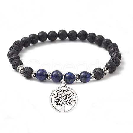 Natural Lava Rock & Natural Lapis Lazuli Gemstone Round Beaded Stretch Bracelet BJEW-JB09767-02-1