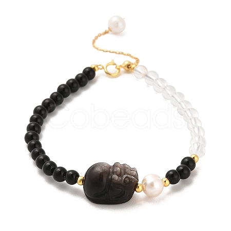 Natural Obsidian and Natural Quartz Crystal and Natural Multi-Moonstone Bead Bracelets BJEW-E098-15G-1