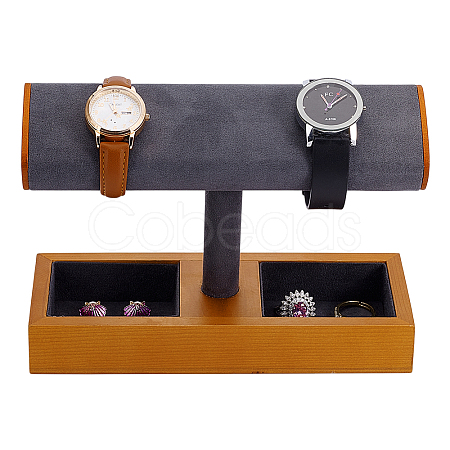 T-Shaped Bar Wood with Velvet Watch Organizer Display Stands with Rectangle Trays for Rings Necklaces Earrings ODIS-PH0009-16B-1