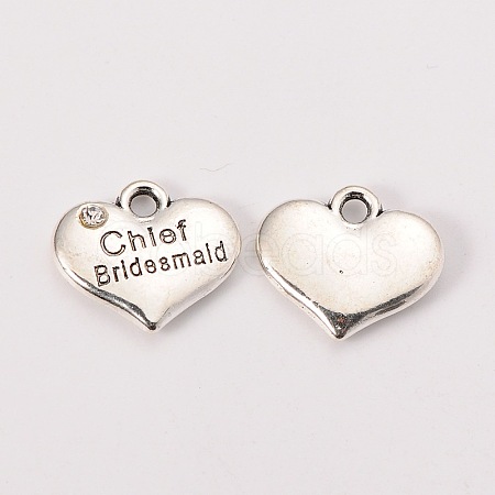 Wedding Theme Antique Silver Tone Tibetan Style Alloy Heart with Chief Bridesmaid Rhinestone Charms TIBEP-N005-21D-1