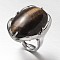 Adjustable Oval Brass Gemstone Wide Band Rings, Tiger Eye, 17mm, Tray: 28x22mm