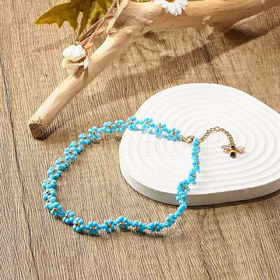 Glass Seed Beaded Flower Necklace with Alloy Enamel Bee Charm NJEW-JN03817-01-1