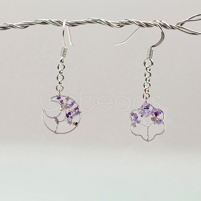 8Pcs 4 Styles Flower & Moon & Oval & Hexagon Natural Amethyst Copper Wire Wrapped Chip Big Pendants G-DC0001-26-1