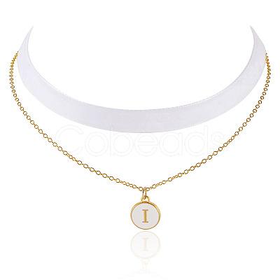 Alloy Enamel Letter Pendant Single Face White Velvet Ribbon & Brass Chain Double Layered Choker Necklaces NJEW-TAC0035-1