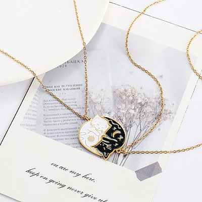 2Pcs Yin-yang Black and White Cat Shaped 201 Stainless Steel Enamel Pendant Necklaces for Couple FS-WG6093D-01-1