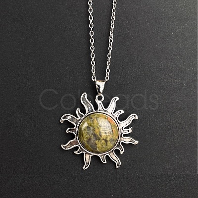 Natural Unakite Sun Pendant Alloy Chain Vintage Necklaces WB3716-16-1