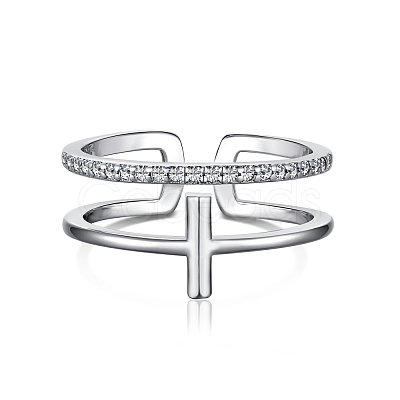Rhodium Plated 925 Sterling Silver Cross Open Cuff Rings with Cubic Zirconia RJEW-F150-51P-1