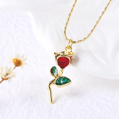 Brass FireBrick Enamel Rose Pendant Necklaces for Women NJEW-U042-01A-G-1