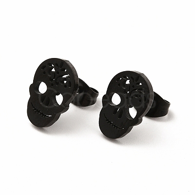 Halloween Skull with Flower 304 Stainless Steel Stud Earrings for Women EJEW-B019-05EB-1