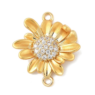 Flower Brass Micro Pave Clear Cubic Zirconia Connector Charms KK-M326-06-G01-1