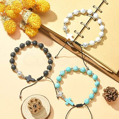 3Pcs 3 Style Gemstone Round & Cross Braided Bead Bracelets BJEW-TA00321-1