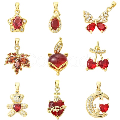 9Pcs Brass Micro Pave Cubic Zirconia Pendants KK-CJ0003-99-1