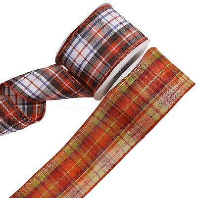 2 Rolls 2 Colors Tartan Pattern Polyester Ribbon OCOR-GF0005-36-1