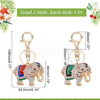 WADORN 2Pcs 2 Colors Cute Elephant Enamel Rhinestones Pendant Keychain KEYC-WR0001-40-1