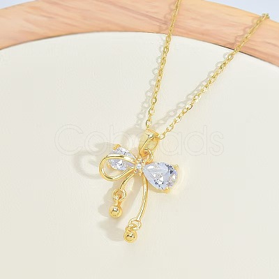 Brass Pave Clear Cubic Zirconia Bowknot Pendant 304 Stainless Steel Cable Chain Necklaces for Women WGC29E2-01-1