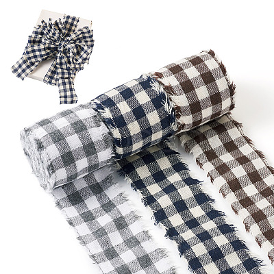 3 Rolls Tartan Cotton Linen Frayed Ribbon OCOR-TAC0035-11B-1