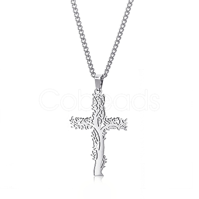 Stainless Steel Tree of Life Cross Pendant Curb Chain Necklaces PW-WGAB092-01-1