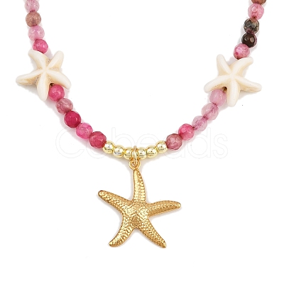 Synthetic Turquoise & Dyed Natural Agate Faceted Round Beaded Starfish 304 Stainless Steel Pendant Necklaces for Women NJEW-JN05458-01-1