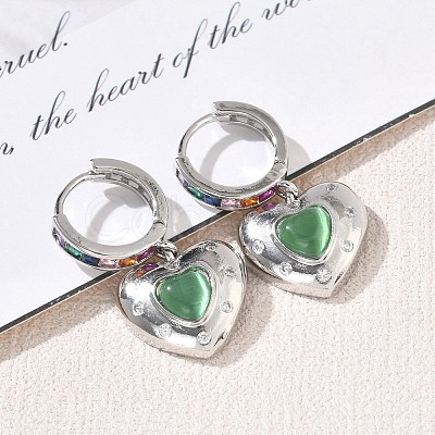 Brass Micro Pave Cubic Zirconia and Cat Eye Beads Heart Hoop Dangle Earrings KK-CBAD9DF-01P-1