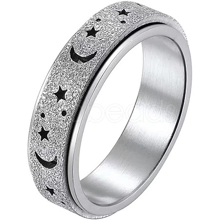 Non-Tarnish 201 Stainless Steel Moon and Star Rotatable Finger Ring MOST-PW0001-005D-05-1