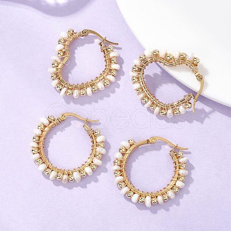 2 Pairs 2 Styles Natural Cultured Freshwater Pearl Beaded Hoop Earrings EJEW-JE06941-1