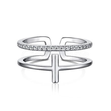 Rhodium Plated 925 Sterling Silver Cross Open Cuff Rings with Cubic Zirconia RJEW-F150-51P-1