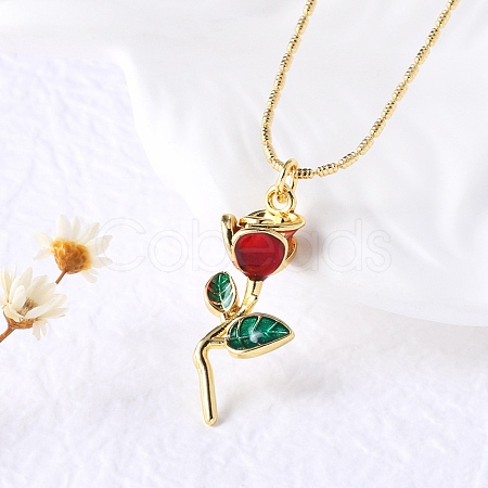 Brass FireBrick Enamel Rose Pendant Necklaces for Women NJEW-U042-01A-G-1