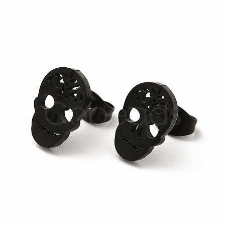 Halloween Skull with Flower 304 Stainless Steel Stud Earrings for Women EJEW-B019-05EB-1