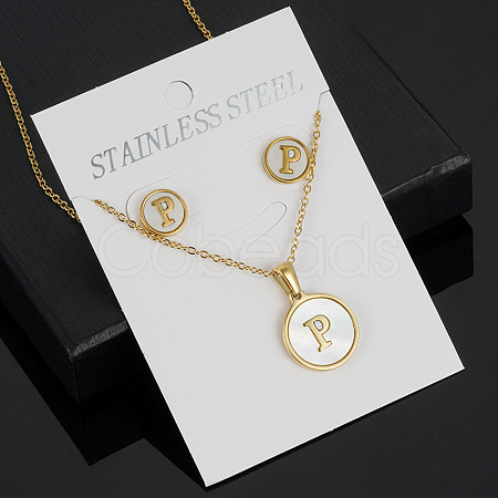 304 Stainless Steel with Natural Shell Pendant Necklaces & Stud Earrings Sets FS-WG5FD70-16-1
