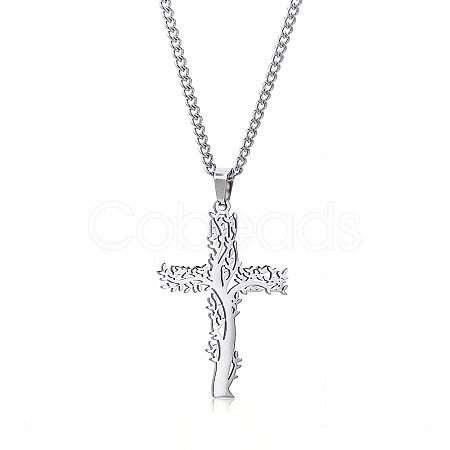 Stainless Steel Tree of Life Cross Pendant Curb Chain Necklaces PW-WGAB092-01-1