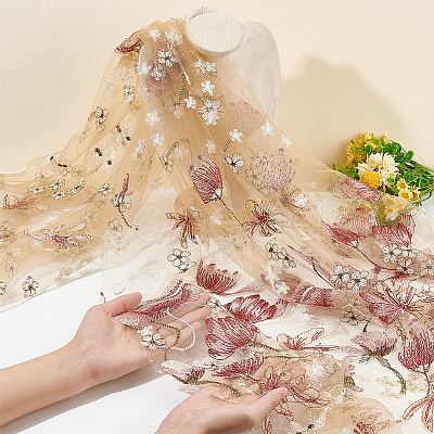 Embroidered Flowers Polyester Tulle Lace Fabric DIY-WH0449-31D-1