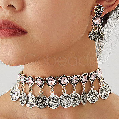 Alloy Rhinestone Flat Round Coin Tassel Necklaces & Stud Dangle Earrings Sets FS-WG925BB-05-1