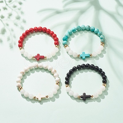 Natural White Jade & Gemstone & Synthetic Turquoise(Dyed) Stretch Bracelet with Cross BJEW-JB08295-1
