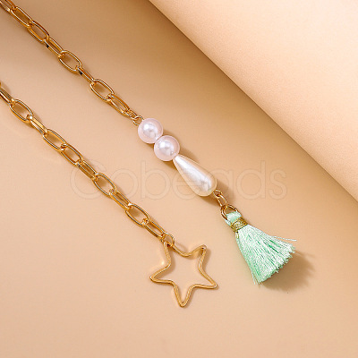 Star Alloy Cable Chain with Plastic Pearl Bead Aquamarine Tassel Waist Belly Chains FS-WG4037F-01-1