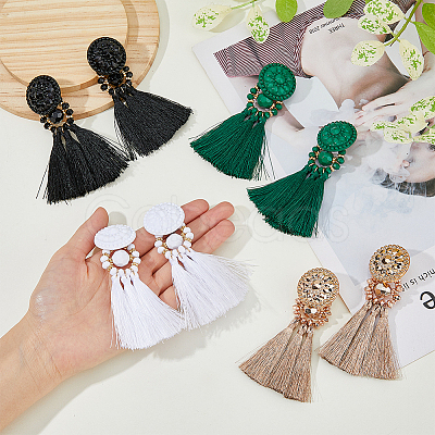 4 Pairs 4 Colors Polyester Tassel Dangle Stud Earrings EJEW-FI0002-41-1