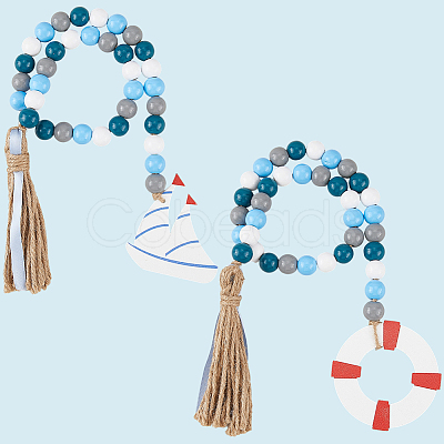 2Pcs 2 Styles Wood Beaded Hanging Ornaments HJEW-GF0001-56C-1