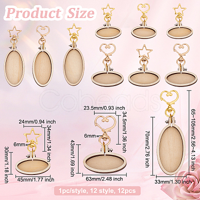 12Pcs 12 Styles Oval Wood Keychain Cabochon Settings KEYC-AB00002-1