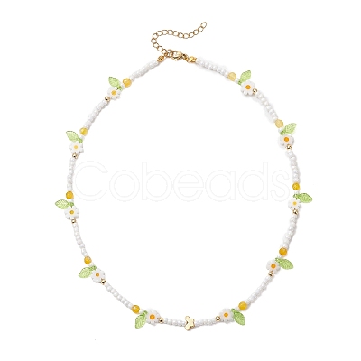 Faceted Round Dyed Natural Agate & Flower Handmade Millefiori Glass & Glass Seed Beaded Necklaces for Women NJEW-MZ00150-02-1
