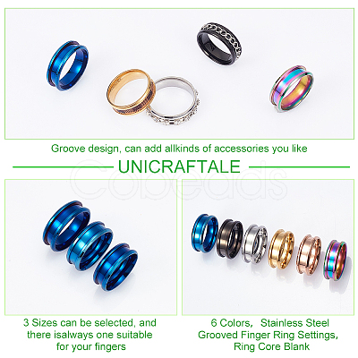 Unicraftale 18Pcs 18 Styles 201 Stainless Steel Grooved Finger Ring Settings STAS-UN0042-78-1