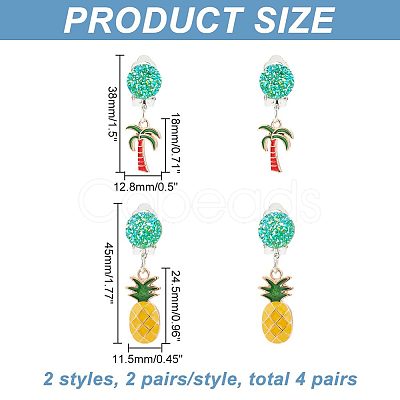 ARRICRAFT 4 Pairs 2 Style Coconut Tree & Pineapple Enamel Dangle Clip-on Earring EJEW-AR0001-08-1