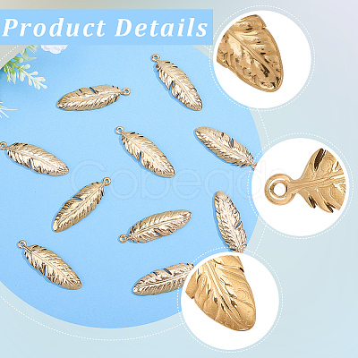 10Pcs 304 Stainless Steel Feather Pendants STAS-BBC0009-99-1