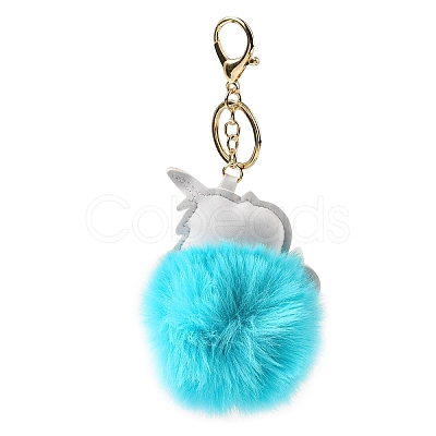 Imitation Rex Rabbit Fur Ball & PU Leather Unicorn Pendant Keychain KEYC-K018-01KCG-01-1
