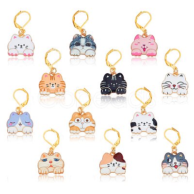 12Pcs 12 Styles Cat Shape Alloy Pendant Locking Stitch Markers with Brass Leverback Findings Clasps Stitch Marker HJEW-PH02053-1