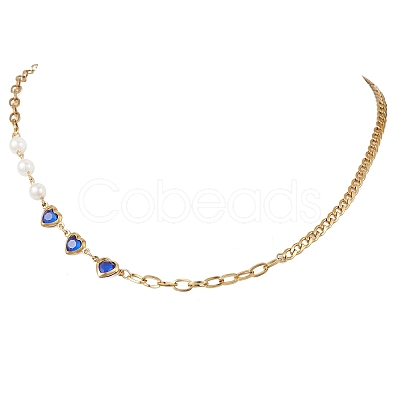 2Pcs 2 Colors Round White Shell Pearl & Heart 304 Stainless Steel Glass Link Chain Necklaces for Women NJEW-JN05594-1